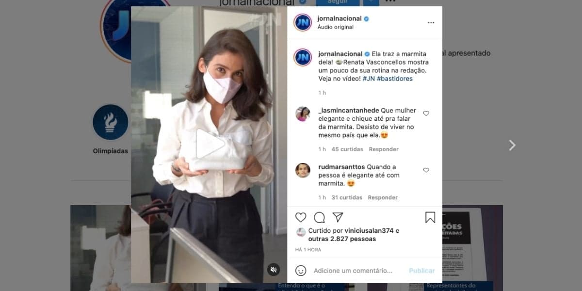 Renata Vasconcellos surgiu nos bastidores da Globo mostrando que leva sua comida de casa (Foto: Reprodução/ Instagram)