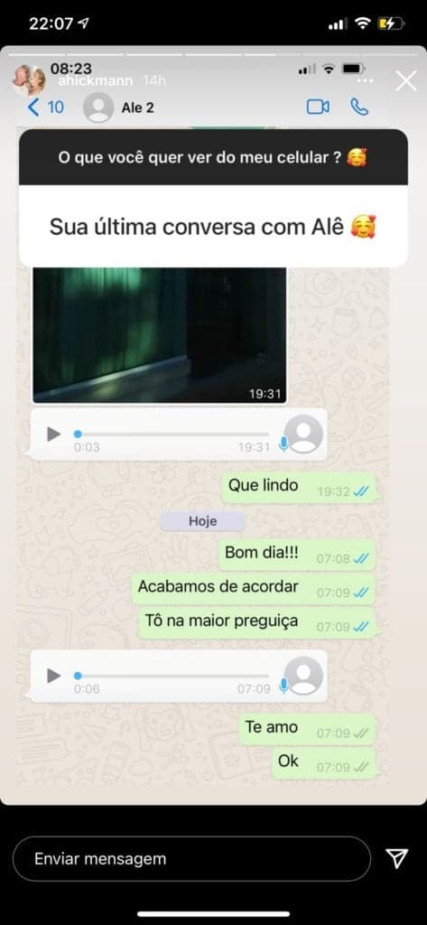 Última conversa de Ana Hickmann com o marido (Foto reprodução) Última conversa de Ana Hickmann com o marido (Foto reprodução)