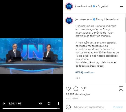 Página do "Jornal Nacional" nas redes sociais reproduziu discurso de William Bonner e Renata Vasconcellos (Foto: Reprodução/Instagram) Página do "Jornal Nacional" nas redes sociais reproduziu discurso de William Bonner e Renata Vasconcellos (Foto: Reprodução/Instagram)