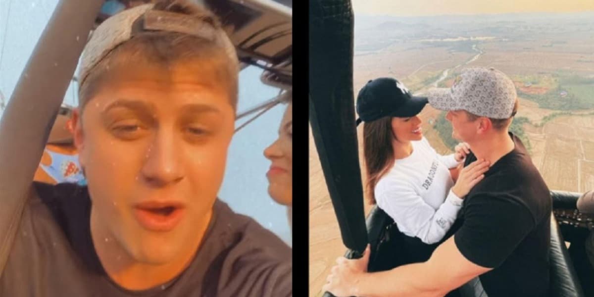 Ex-BBB Lucas Gallina e a namorada  estavam um balão que foi forçado a posar às pressas devido o mau tempo (Foto: Reprodução)