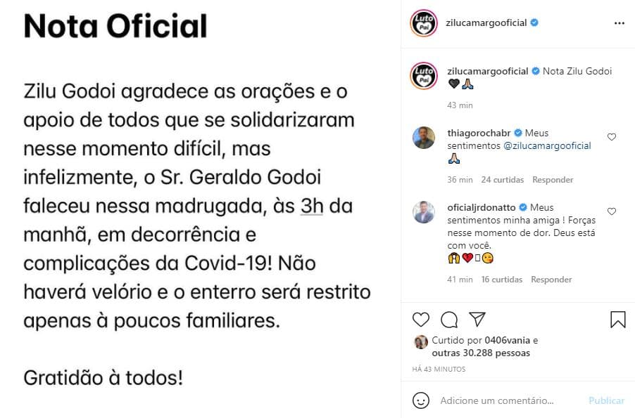 Zilu Godói lamentou a morte do pai (Foto: Reprodução) Zilu Godói lamentou a morte do pai (Foto: Reprodução)