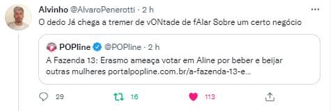 Erasmo Viana revoltou ao fazer insinuações sobre Aline Mineiro em "A Fazenda 13" (Foto: Reprodução/Twitter)