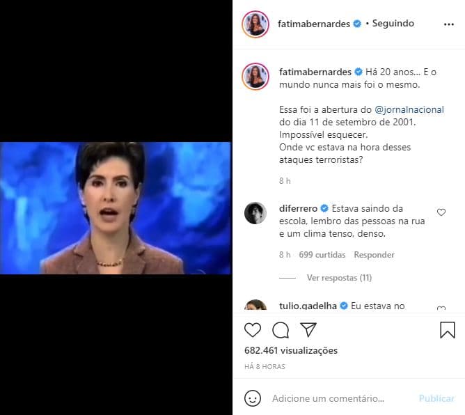 Fátima Bernardes relembrou tragédia de 11 de setembro de 2001 (Foto: Reprodução/ Instagram)