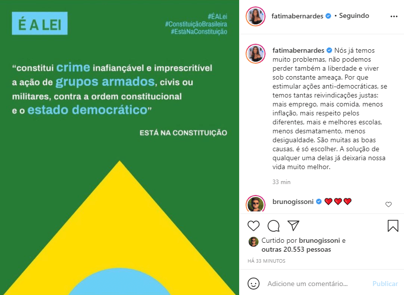 No Instagram, Fátima Bernardes se pronunciou sobre crime contra a constituição (Foto: Reprodução)