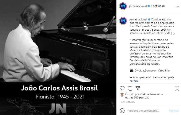 João Carlos Assis Brasil teve morte anunciada no perfil do "Jornal Nacional" (Foto: Reprodução/Instagram) João Carlos Assis Brasil teve morte anunciada no perfil do "Jornal Nacional" (Foto: Reprodução/Instagram)