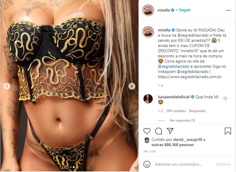 Mirella usa lingerie PP e parte íntima gigante fica de fora (foto: Reprodução) Mirella usa lingerie PP e parte íntima gigante fica de fora (foto: Reprodução)