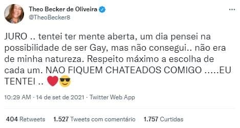 Theo Becker revelou ter tentado ficar com homens (Foto: Reprodução/Twitter) Theo Becker revelou ter tentado ficar com homens (Foto: Reprodução/Twitter)