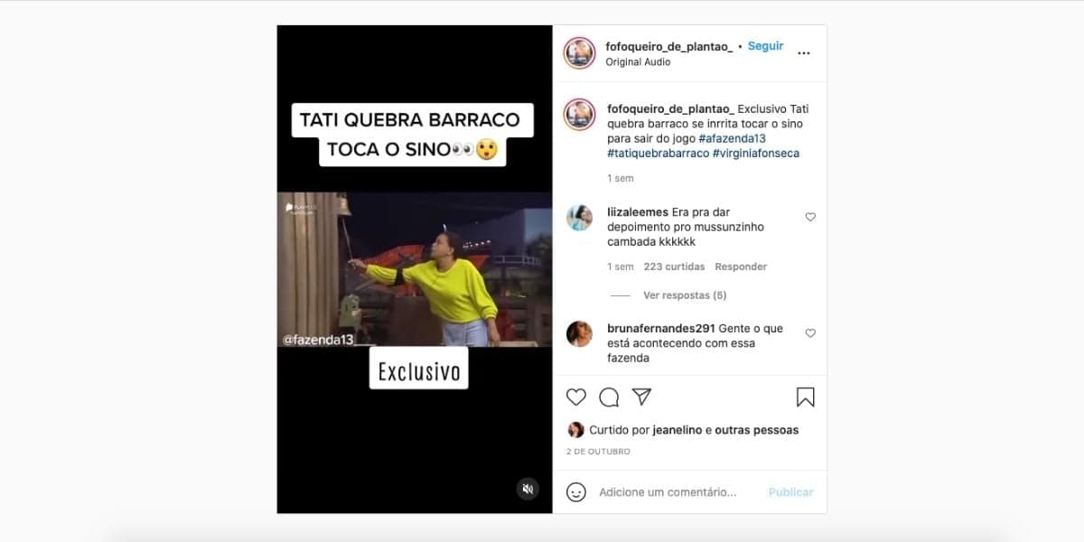 Tati Quebra Barraco toca o sino da "Fazenda 13" (Reprodução) Tati Quebra Barraco toca o sino da "Fazenda 13" (Reprodução)