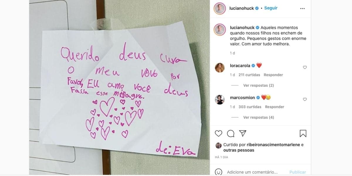 Luciano Huck expõe recado de Eva, fruto de seu relacionamento com Angélica, sobre sogro (Reprodução) Luciano Huck expõe recado de Eva, fruto de seu relacionamento com Angélica, sobre sogro (Reprodução)