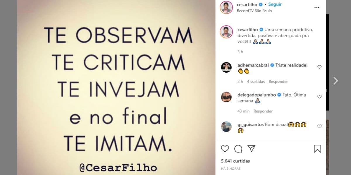 César Filho, após Zucatelli tomar seu lugar, volta ao Hoje em Dia e detona indireta em anúncio: "Te criticam" César Filho, após Zucatelli tomar seu lugar, volta ao Hoje em Dia e detona indireta em anúncio: "Te criticam"