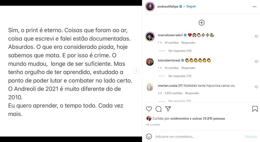 Felipe Andreoli fez um pronunciamento sobre os prints de seu passado (Foto: Reprodução)