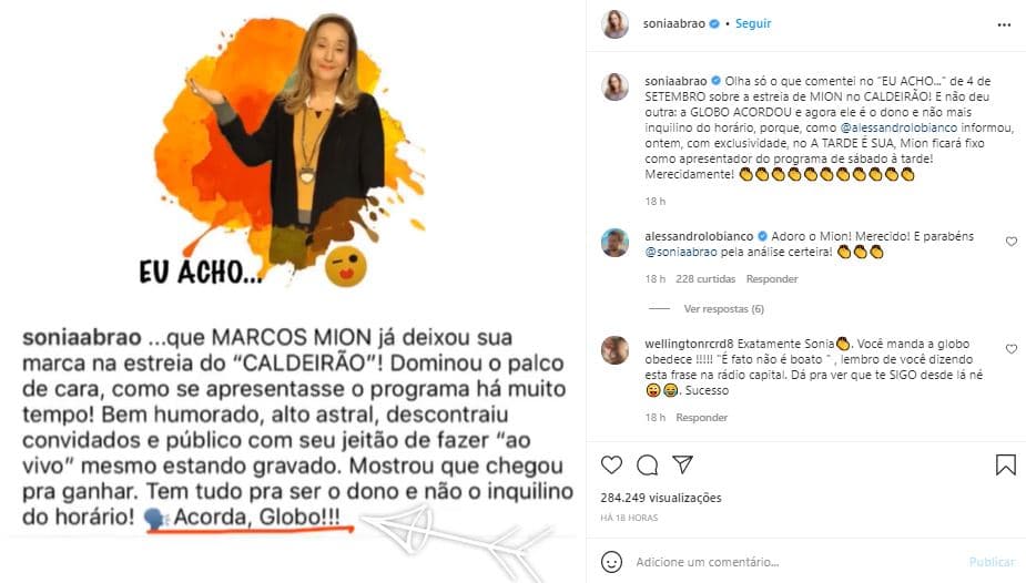Sonia Abrão relembrou opinião sobre Marcos Mion (Foto: Reprodução/Instagram) Sonia Abrão relembrou opinião sobre Marcos Mion (Foto: Reprodução/Instagram)