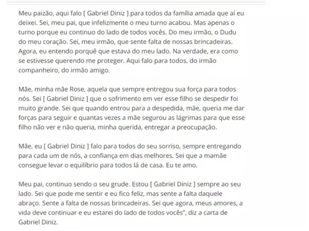 Gabriel Diniz deixa suposta carta psicografada aos familiares - reprodução Gabriel Diniz deixa suposta carta psicografada aos familiares - reprodução