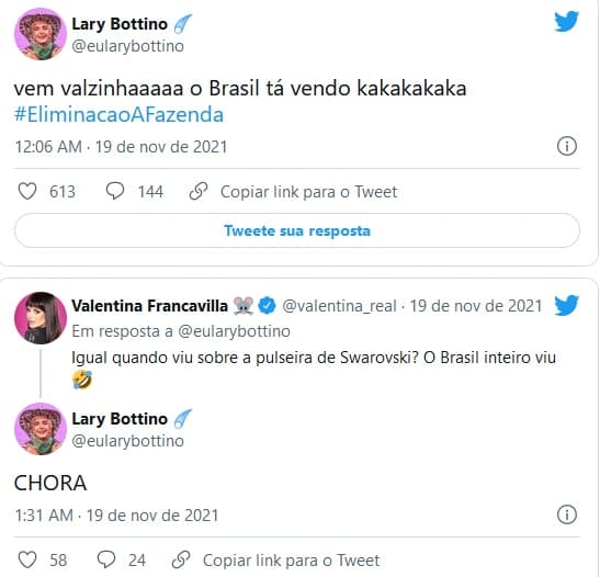 Treta entre Lary Bottino e Valentina Francavilla (Imagem: Reprodução) Treta entre Lary Bottino e Valentina Francavilla (Imagem: Reprodução)