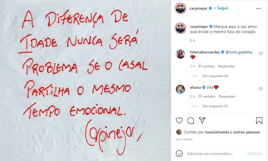 Fátima Bernardes compartilha texto sobre casais com diferença de idade - Foto: Reprodução