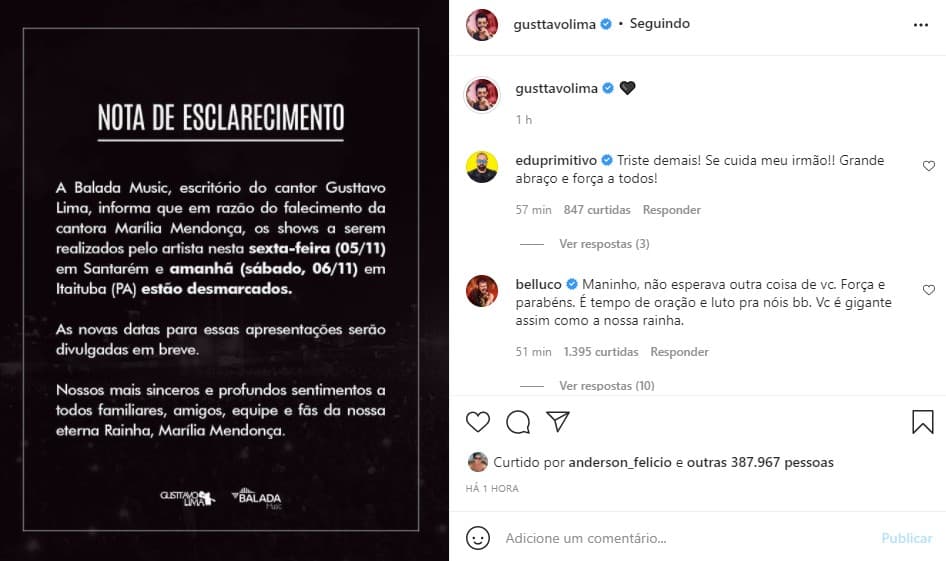 Gusttavo Lima cancelou show, após morte de Marília Mendonça (Foto: Reprodução/ Instagram)