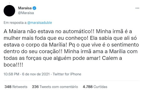 Maraisa saiu em defesa de sua irmã (Foto: Reprodução)