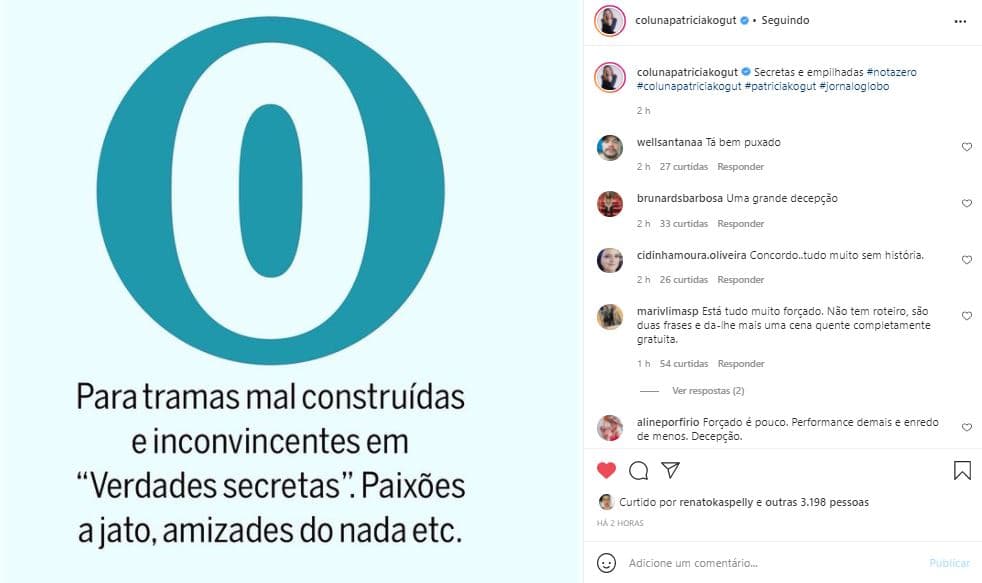 Patrícia Kogut detonou "Verdades Secretas 2", da Globo (Foto: Reprodução/Instagram) Patrícia Kogut detonou "Verdades Secretas 2", da Globo (Foto: Reprodução/Instagram)