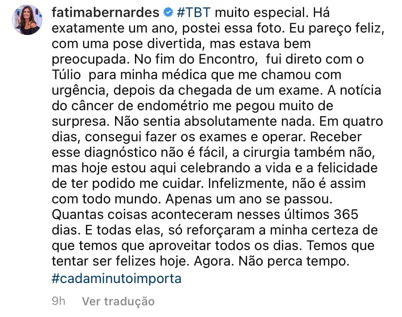 “Receber esse diagnóstico não é fácil”, Fátima Bernardes expõe doença e desaba em textão: “Infelizmente”