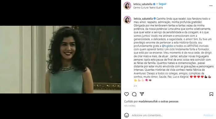 Letícia Sabatella divulgou um texto em agradecimento a Globo