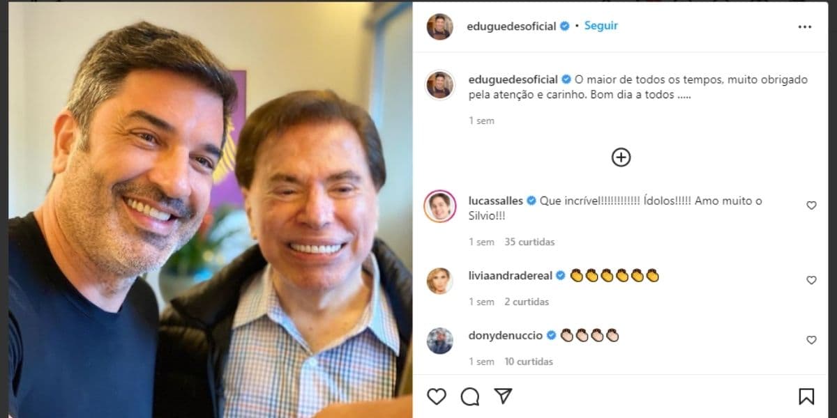 "Carinho", Edu Guedes tem encontro com famoso apresentador e expõe relação: "O maior de todos os tempos"
