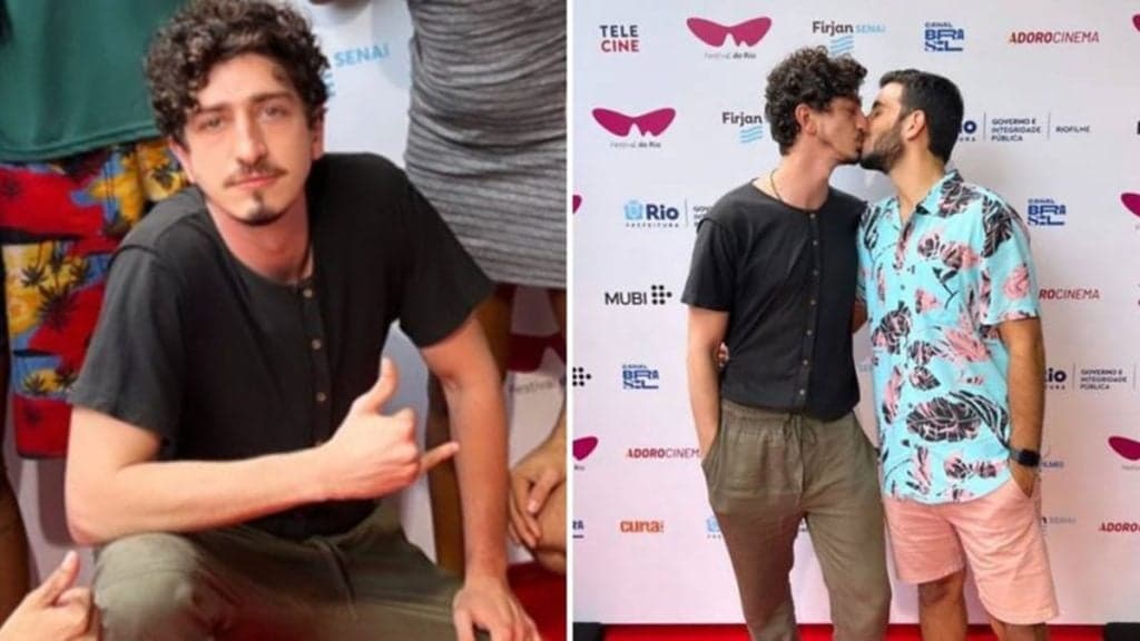 Johnny Massaro dá beijão no namorado, assume relação e faz primeira aparição pública com o felizardo