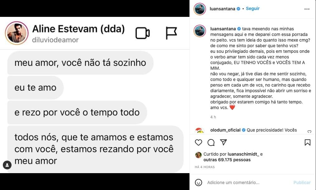 Luan Santana compartilha mensagem de apoio recebida de fãs - Reprodução Luan Santana compartilha mensagem de apoio recebida de fãs - Reprodução