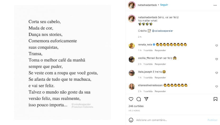 Natasha Dantas, esposa de Bonner, compartilhou post alto astral nas redes sociais (Foto: Reprodução/Instagram) Natasha Dantas, esposa de Bonner, compartilhou post alto astral nas redes sociais (Foto: Reprodução/Instagram)