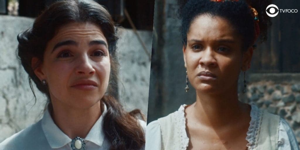 Nos Tempos do Imperador - Zayla alfineta Samuel na frente de Pilar que retruca e as duas cairão na porrada: "Cretina"