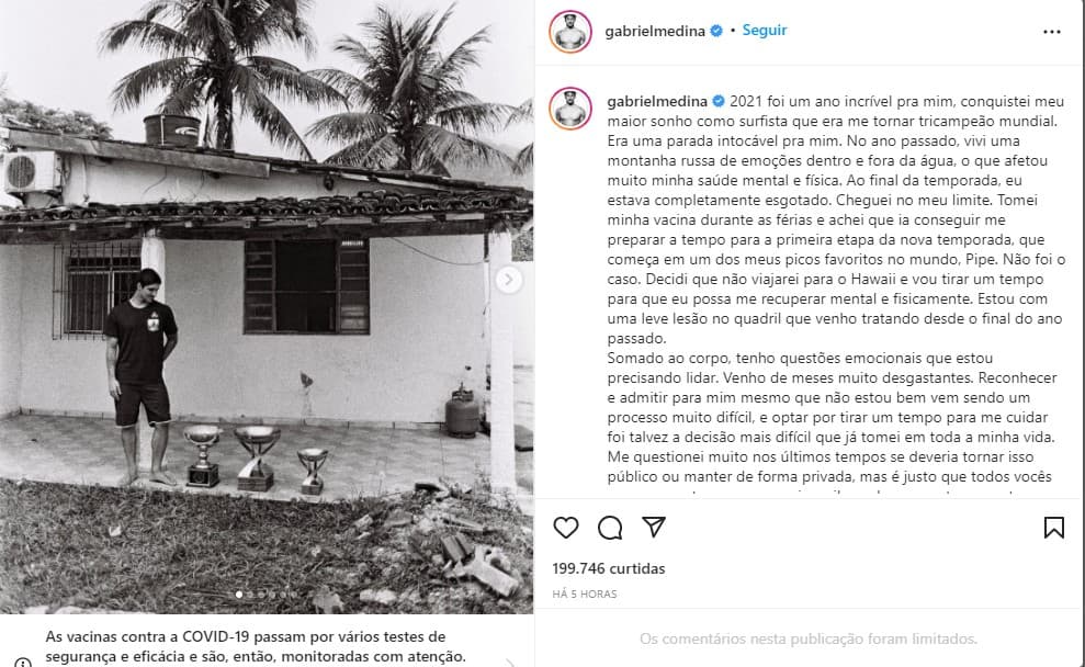 Gabriel Medina anuncia afastamento surfe - Foto: Reprodução