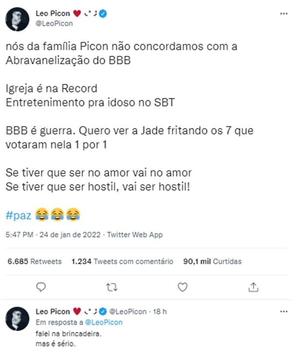 As declarações em tom de brincadeira de Léo Picon (Reprodução/Twitter)