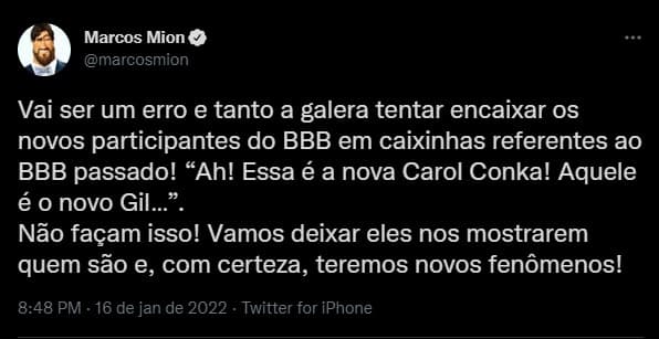 Marcos Mion expõe erro envolvendo o BBB22 - Foto: Reprodução/Twitter Marcos Mion expõe erro envolvendo o BBB22 - Foto: Reprodução/Twitter