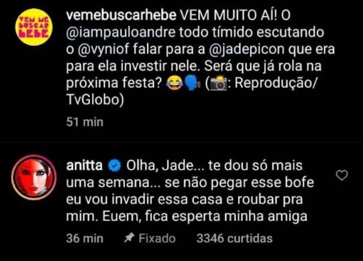Anitta resolveu dar um prazo para Jade se decidir (Foto: Reprodução / Instagram)