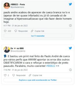Internautas criticaram memes sobre o volume na cueca branca de Paulo André (Foto: Reprodução / Twitter)