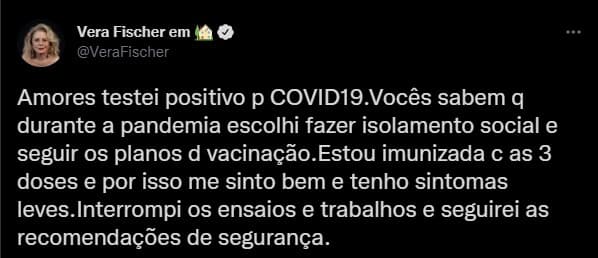 Vera Fischer revela que testou positivo para Covid-19 - Foto: Reprodução Vera Fischer revela que testou positivo para Covid-19 - Foto: Reprodução