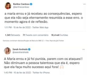 As ex-BBBs Kerline e Sarah também se manifestaram sobre a saída de Maria (Foto: Reprodução / Twitter) As ex-BBBs Kerline e Sarah também se manifestaram sobre a saída de Maria (Foto: Reprodução / Twitter)