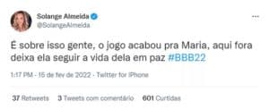 Solange Almeida falou sobre a repercussão da expulsão de Maria (Foto: Reprodução / Twitter) Solange Almeida falou sobre a repercussão da expulsão de Maria (Foto: Reprodução / Twitter)