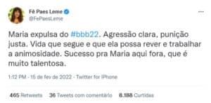 Fã do BBB22, Fernanda Paes Leme também se pronunciou (Foto: Reprodução / Twitter) Fã do BBB22, Fernanda Paes Leme também se pronunciou (Foto: Reprodução / Twitter)