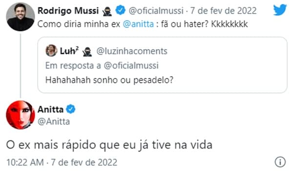 Anitta respondeu em tom de deboche Rodrigo Mussi (Reprodução/ Twitter)