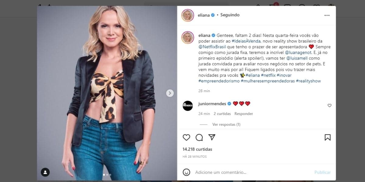 Eliana faz anúncio sobre ida a novo canal, assume programa e confirma em textão: "Tenho o prazer" Eliana faz anúncio sobre ida a novo canal, assume programa e confirma em textão: "Tenho o prazer"