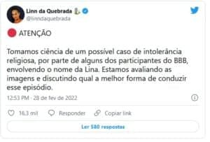 Equipe de Linna se manifesta no twitter (Foto: Reprodução / Twitter)