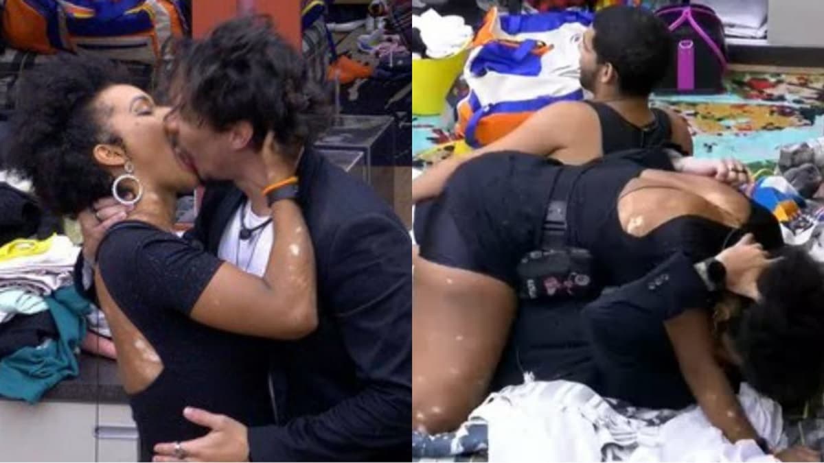 Natália e Eliezer se beijam e até dão amassos na cama do BBB22 (Montagem/ Reprodução/ TV Globo) Natália e Eliezer se beijam e até dão amassos na cama do BBB22 (Montagem/ Reprodução/ TV Globo)