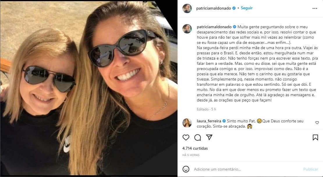 Jornalista Patrícia Maldonado anuncia morte da mãe - Foto: Reprodução Jornalista Patrícia Maldonado anuncia morte da mãe - Foto: Reprodução