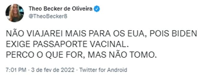 Theo Becker é contra o imunizante (Reprodução/ Twitter)