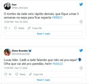 Internautas comemoram ida de Jade Picon para a Xepa do BBB22 (Foto: Reprodução / Twitter) Internautas comemoram ida de Jade Picon para a Xepa do BBB22 (Foto: Reprodução / Twitter)