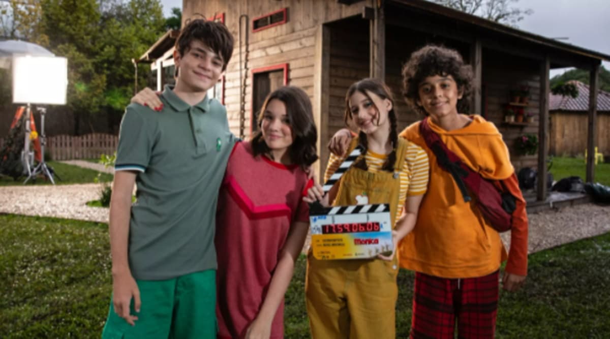 A turminha da Mônica durante as gravações da série para o Globoplay (Divulgação)