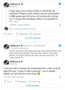 Os tuítes da funkeira sobre Brunna do BBB22 (Foto: Reprodução / Twitter)