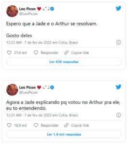 Leo Picon disse que torce por Jade e Arthur (Foto: Reprodução / Twitter)