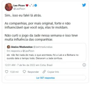O irmão de Jade concordou com uma seguidora sobre Jade ter sido influenciada (Foto: Reprodução / Twitter)