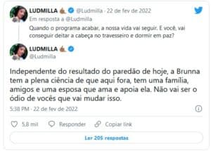 Ludmilla, desabafou sobre ataques que está recebendo por se posicionar a favor de Brunna Gonçalves no BBB22 (Foto: Reprodução / Twitter) Ludmilla, desabafou sobre ataques que está recebendo por se posicionar a favor de Brunna Gonçalves no BBB22 (Foto: Reprodução / Twitter)